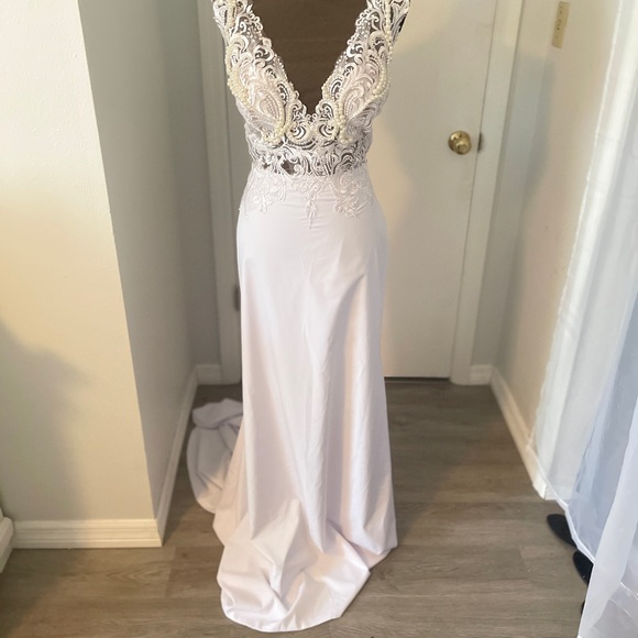 Beaded Illusion Neckline Dress - Picture 1 of 10
